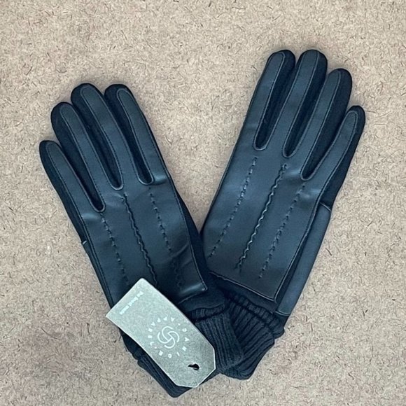 WOMENS SOLID BLACK FAUX LEATHER SCREEN-TOUCH GLOVES - NWT - OS - Picture 2 of 5
